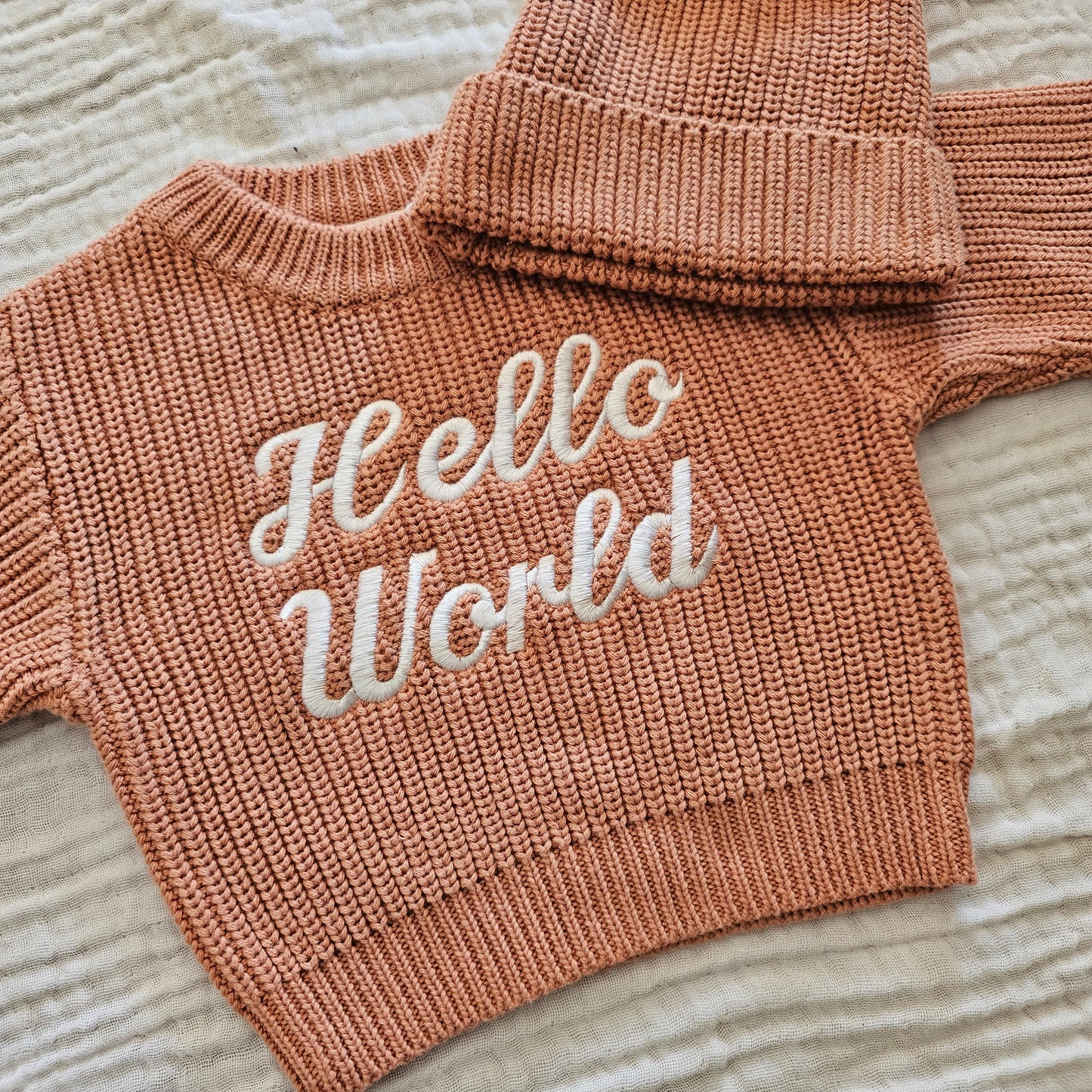 'HELLO WORLD' Chunky Knit Jumper | Dusty Clay