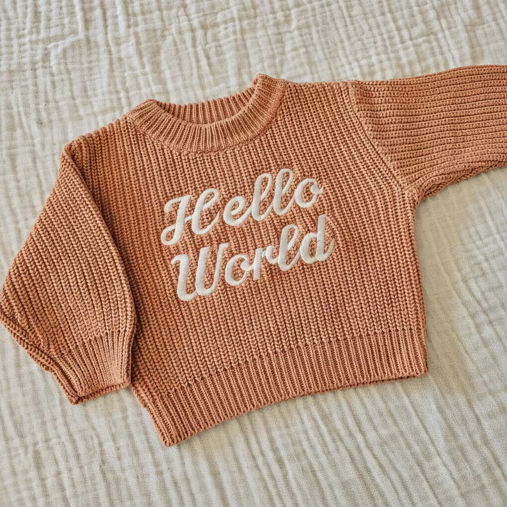 'HELLO WORLD' Chunky Knit Jumper | Dusty Clay