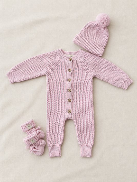 Marshmallow Pink Organic Cotton Knitted Long Baby Romper | 0–3 Months