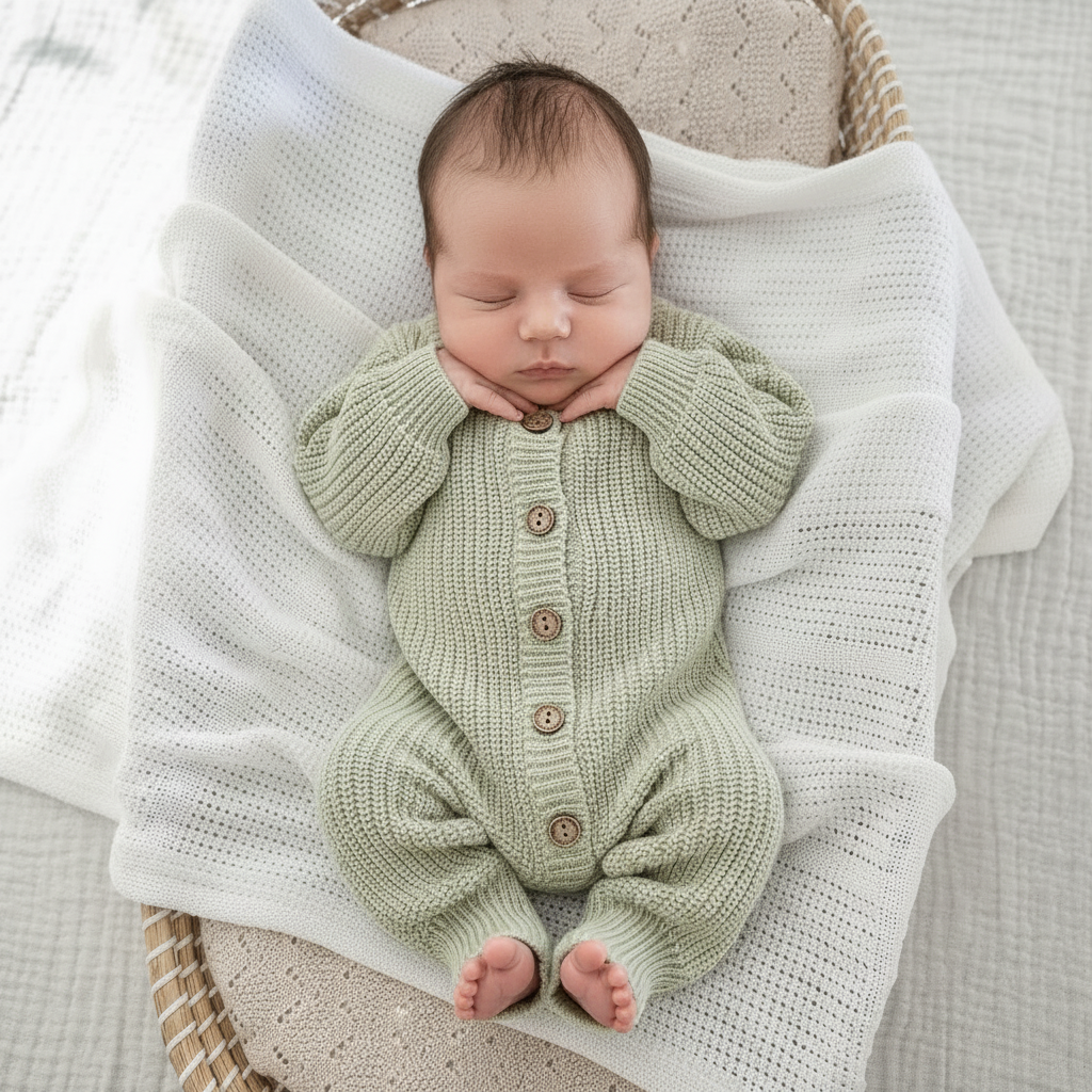 Tea Green Chunky Knit Long Sleeve Baby Romper