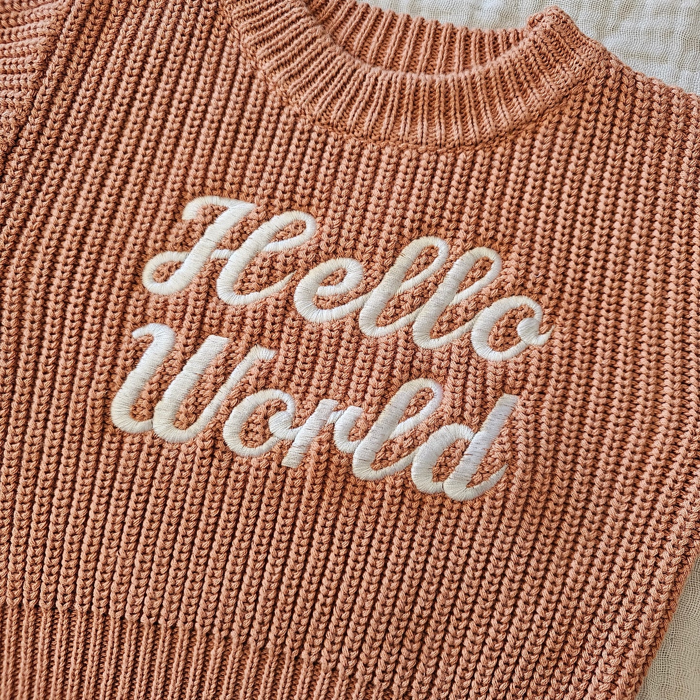 'HELLO WORLD' Chunky Knit Jumper | Dusty Clay