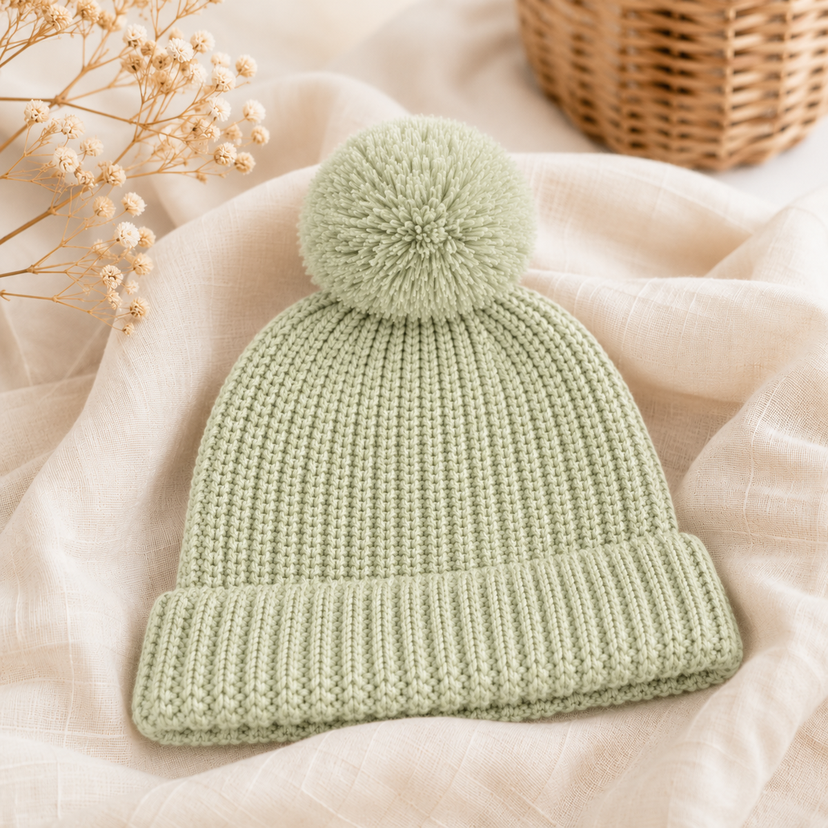Tea Green Sage Green organic cotton knitted newborn beanie