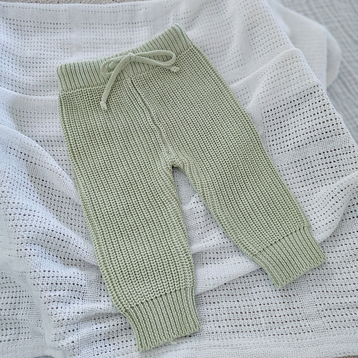Sage green tea green organic cotton chunky knit baby pants