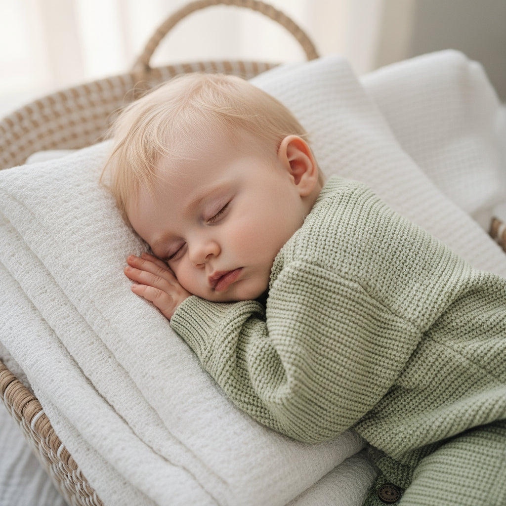Tea Green organic cotton newborn romper, soft knitted baby outfit for 0–3 months by Harper Clare.