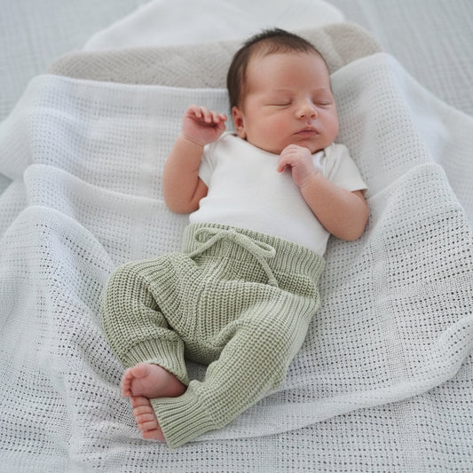 Tea Green sage green organic cotton chunky knit baby pants