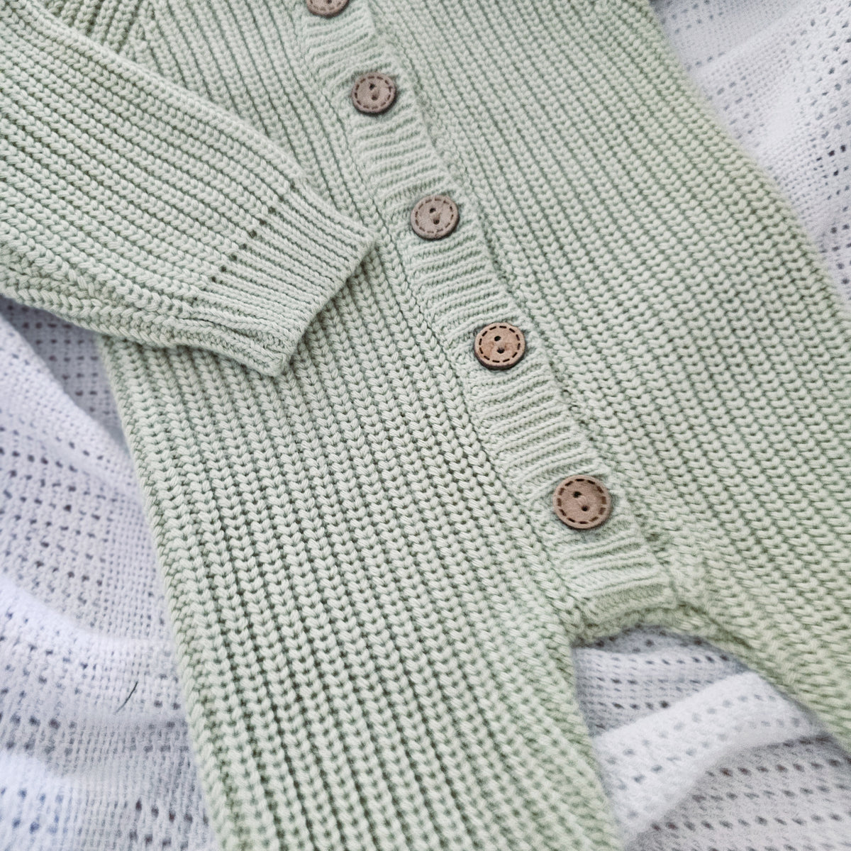 Tea Green sage green organic cotton knitted newborn long romper 0-3 months